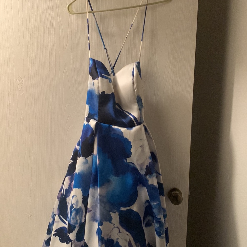 B Darlin White with Blue Flowers High Low Dress